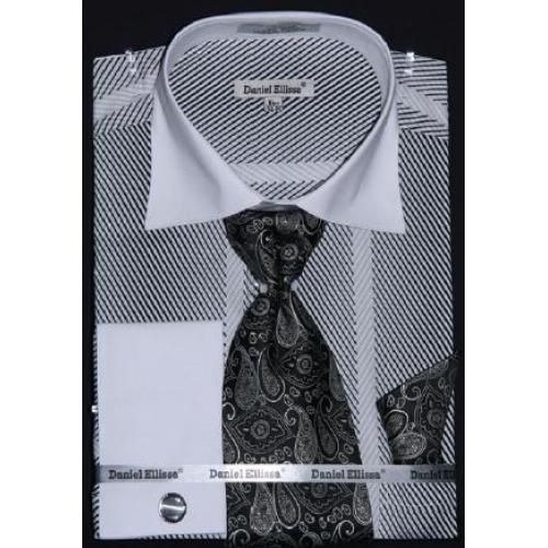 Daniel Ellissa White / Black Two Tone Stripes Design Shirt / Tie / Hanky Set With Free Cufflinks DS3770P2